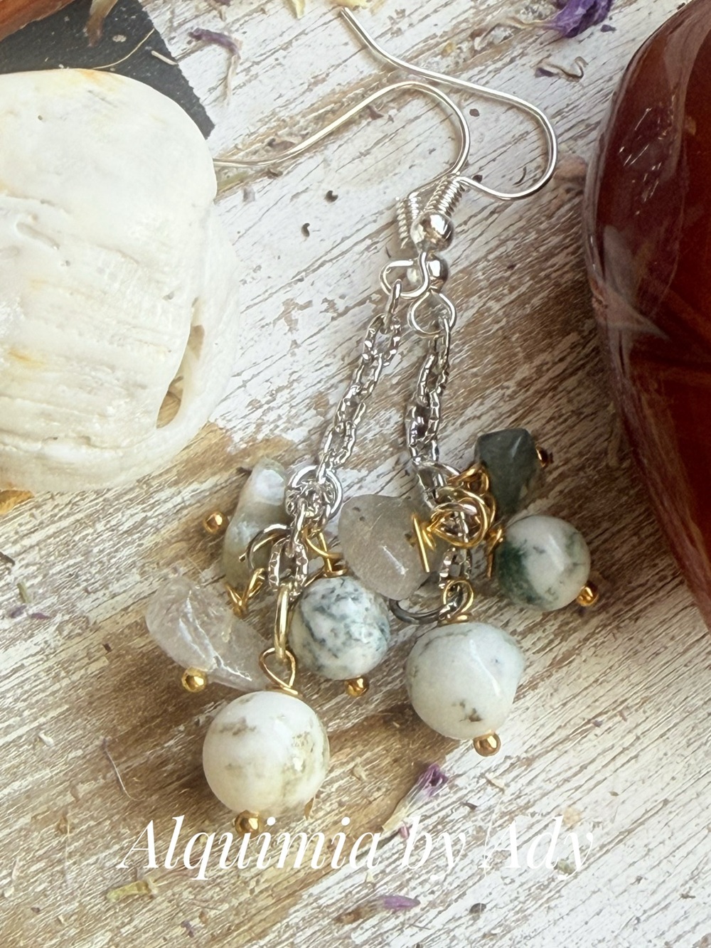 White and Green moss agate Dangle Gemstone Earrings with Mixed Metal Accents